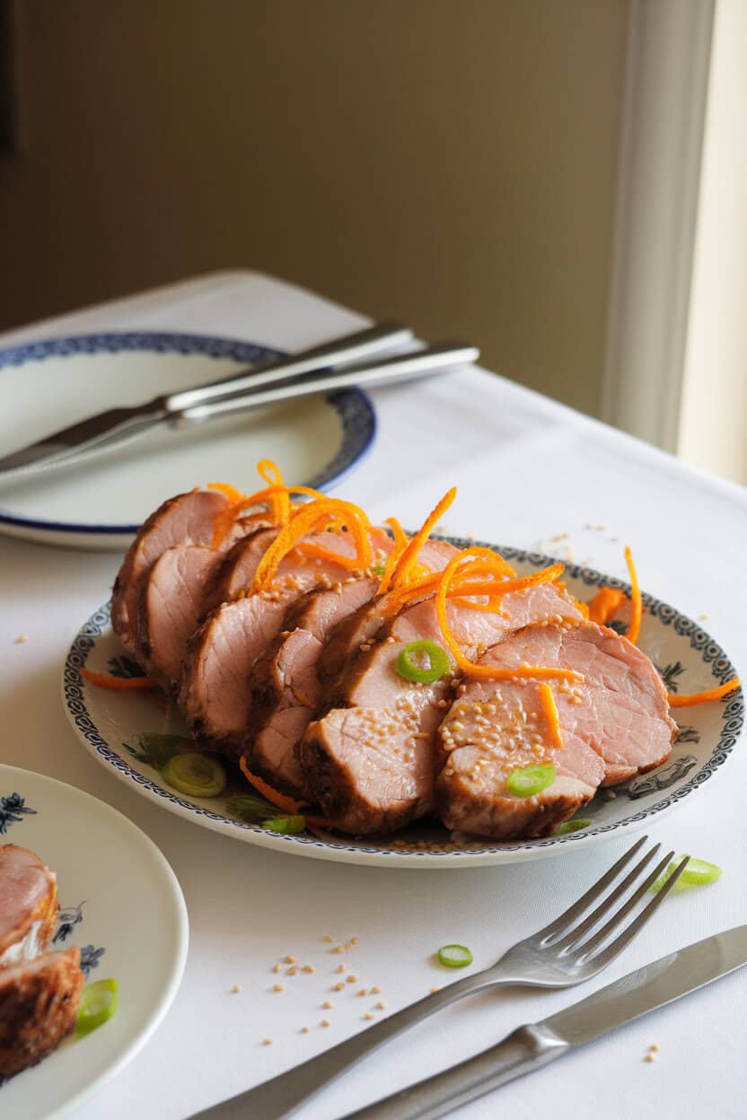 A brightly lit indoor dining table featuring pork loin slices drizzled with shiny orange-ginger glaze, garnished with thin orange zest strips; no text or logos.