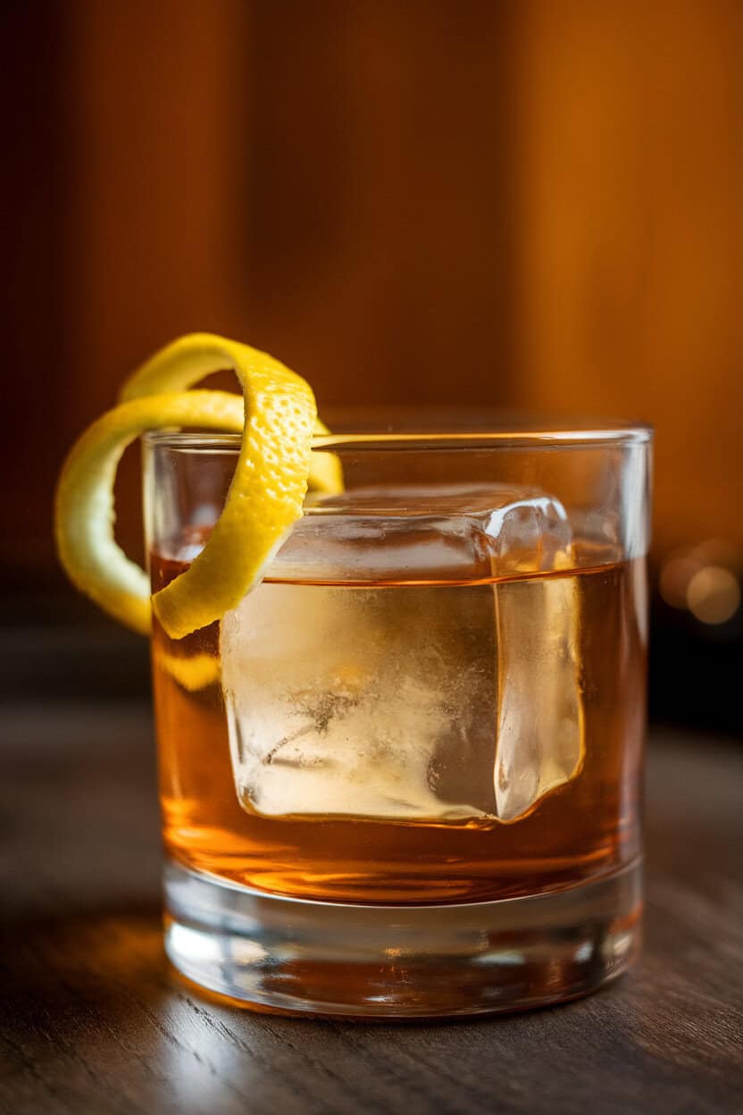 Old-fashioned glass with a large clear ice cube swimming in a honey-gold bourbon cocktail, lemon twist draped on the rim. Indoor photo, no logos.