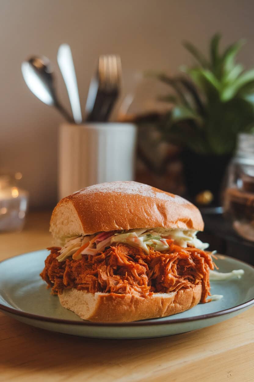 Indoor casual dining scene with a pulled jackfruit sandwich on a brioche bun, tangy barbecue sauce coating the filling, coleslaw peeking out. Photo only, no text or logos.