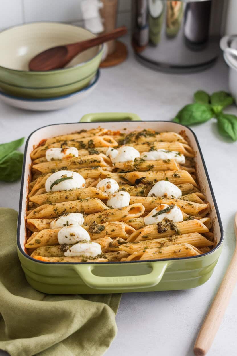 Indoor kitchen setting with a green-flecked pesto chicken penne casserole, mozzarella stretched between pasta tubes. Photo only, no text or logos.