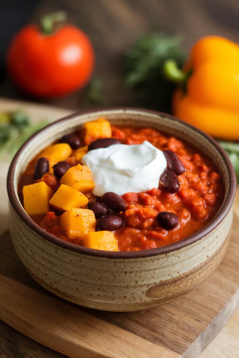Indoor photo of a ceramic bowl of vegetarian chili featuring squash cubes, kidney beans, and fire-roasted tomatoes; dollop of sour cream on top, no text or logos.