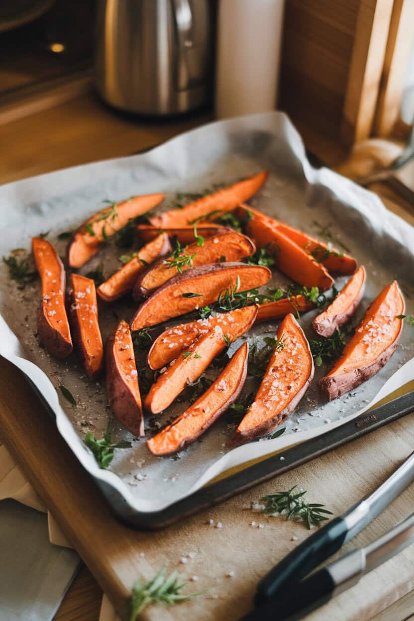 Photo of a parchment-lined baking sheet on an indoor kitchen counter, piled with golden roasted sweet potato wedges sprinkled with sea salt and fresh herbs, captured under warm lighting. No text or logos.