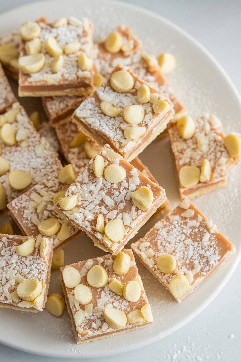 Indoor photo of white-chocolate toffee covered with finely shredded coconut and chopped macadamias, powdered sugar dusted lightly. No text or logos.