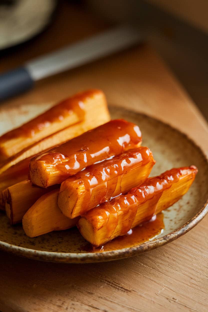 Photo of roasted parsnip wedges coated in maple glaze on a rustic ceramic plate, indoor lighting. No text or logos present.