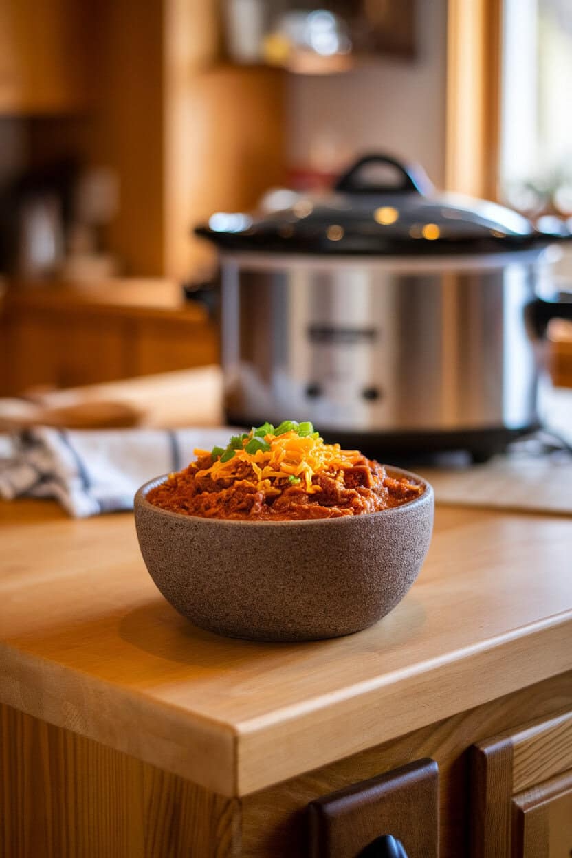 A stoneware bowl of thick pulled pork chili sitting on an indoor kitchen island, topped with shredded cheddar and chopped green onions; a slow cooker in the softly focused background. No text or logos. Photo, not illustration.