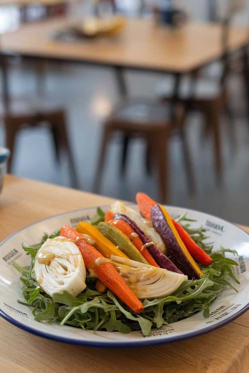 An indoor setting showcasing a platter of roasted rainbow carrots and fennel wedges atop arugula, drizzled with vinaigrette. No logos on serving ware.