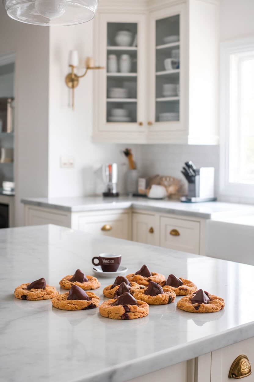 Bright indoor kitchen island with cookies dotted by large chocolate chunks and a sprinkle of espresso powder on top, small demitasse cup nearby—no logos.