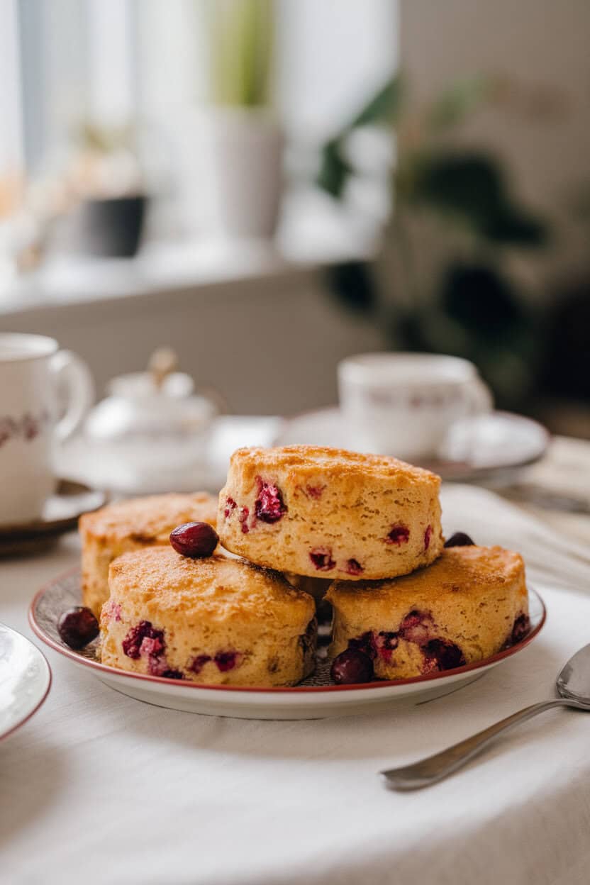 A plate of cranberry-orange scones with coarse sugar tops on an indoor breakfast table. No text or logos. Photo, not illustration.