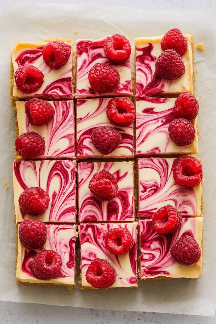 Indoor photo of cheesecake bars with vibrant raspberry swirls on top, cut into squares on parchment, no text or logos
