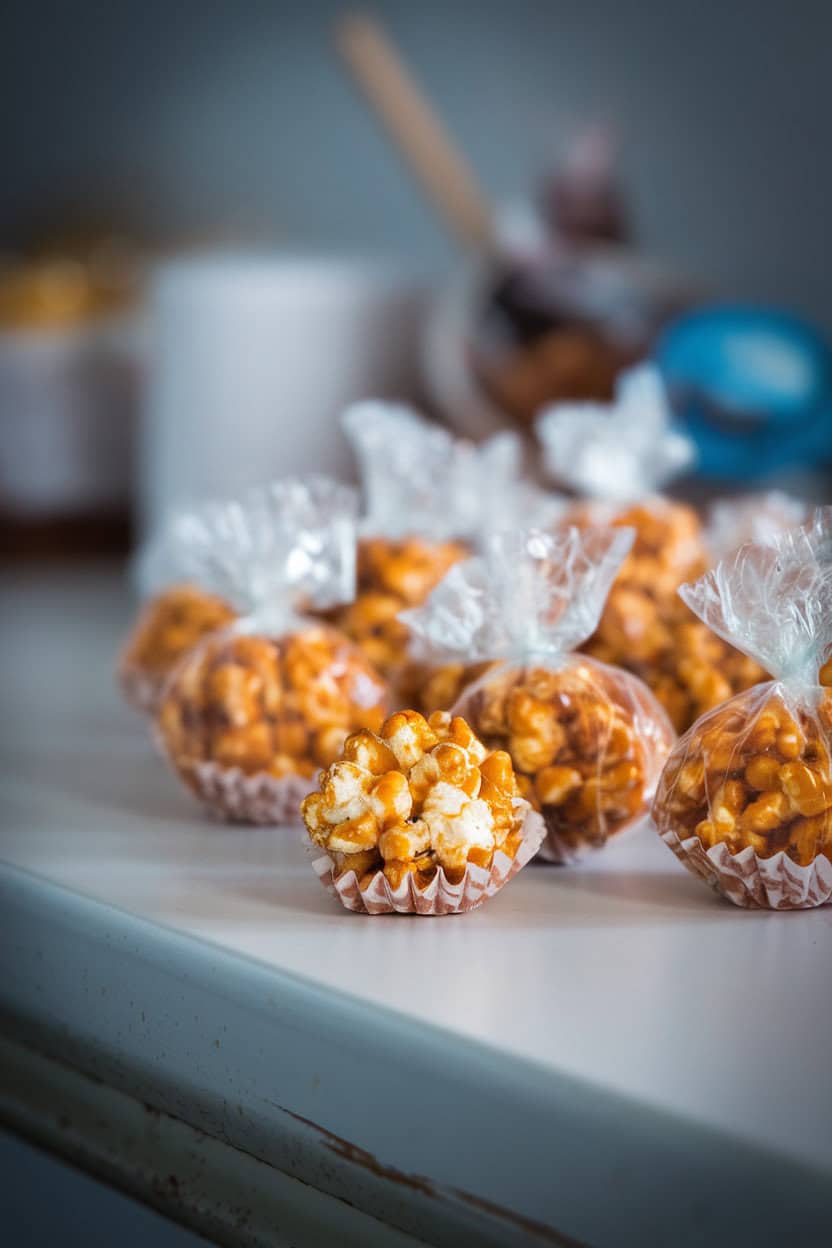 Indoor countertop with shiny caramel popcorn balls wrapped in wax paper twists, one unwrapped in front. Soft lighting; no logos. Photo only.