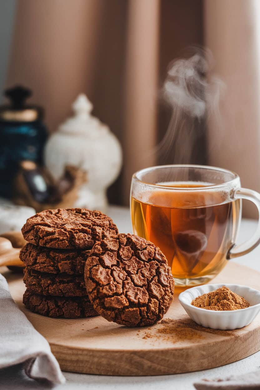 Cozy indoor shot of crinkled dark molasses cookies stacked beside a small bowl of ground ginger, steam rising from a mug of tea in the background—no brand markings.