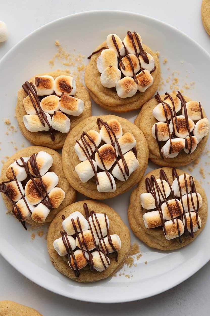 Indoor plate of cookies topped with toasted mini marshmallows and chocolate drizzle, graham crumbs sprinkled around, no logos present.