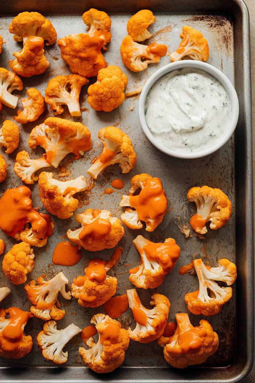 Indoor baking tray photo with roasted cauliflower florets coated in orange Buffalo sauce, served alongside a ramekin of ranch dip. No text or logos.