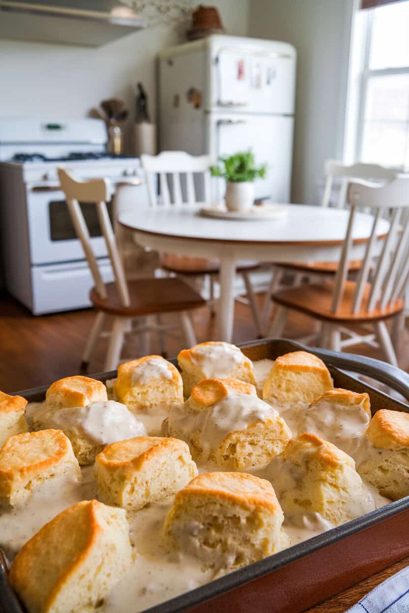 Indoor southern-style kitchen scene highlighting a casserole of fluffy biscuit pieces blanketed in creamy sausage gravy, golden peaks visible. No text or branding. Photo.