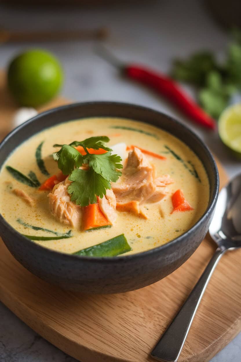 A bowl of creamy Thai coconut curry soup with chicken and vegetables, garnished with cilantro, indoor setting, no text or logos.