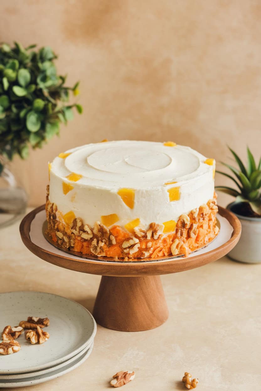 Indoor photo of a carrot cake with visible pineapple bits, cream cheese frosting and walnut sides, no text or logos
