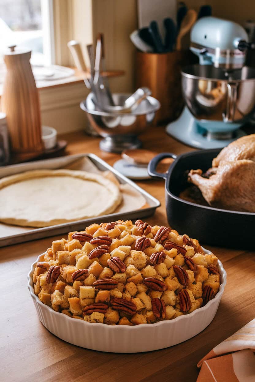 A warmly lit indoor kitchen counter displaying cornbread stuffing dotted with toasted pecans and a maple glaze sheen. No text or logos; photo only.