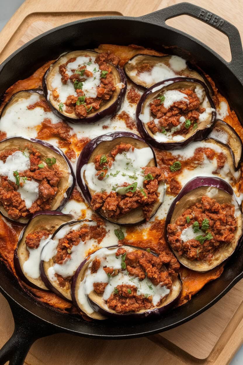 Indoor photo of a cast-iron skillet featuring layers of eggplant rounds, spiced beef, and a light béchamel topping, browned and bubbly. No text or logos present.