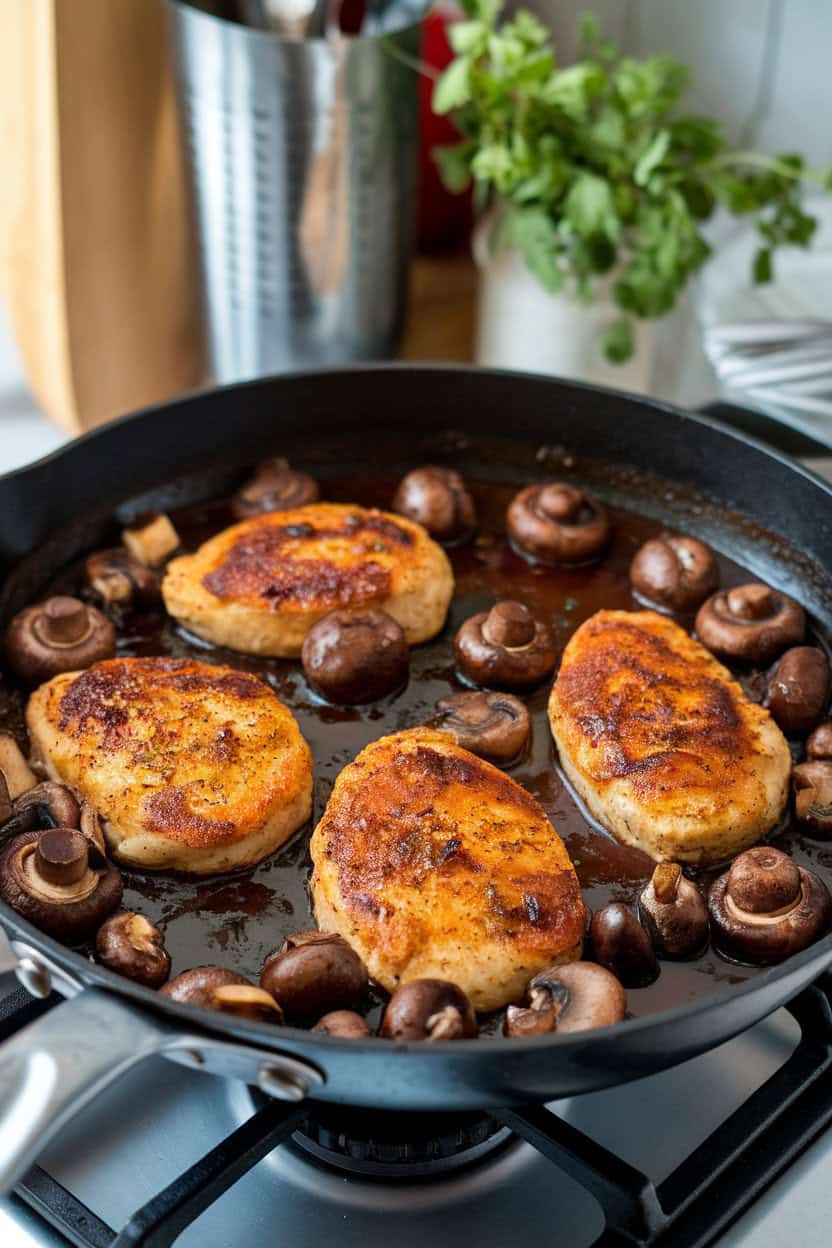 A skillet on an indoor stove filled with chicken marsala cutlets and mushrooms in a glossy wine sauce; no text or logos; photo