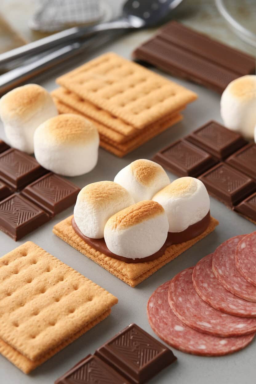 Indoor tabletop photo with graham crackers, toasted marshmallows, milk chocolate pieces, and thin Genoa salami rounds arranged artfully. No text or logos.