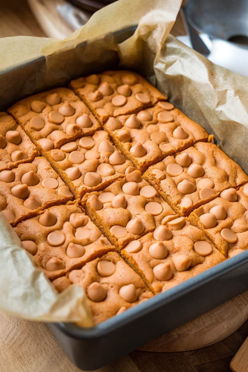 Indoor baking dish holding pumpkin blondie squares studded with butterscotch chips, parchment dangling over edges, no text or logos.