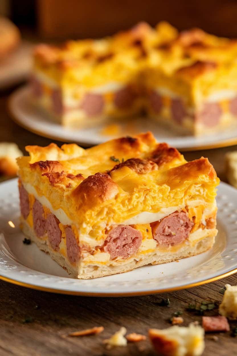 Square slice of turkey sausage breakfast casserole on a white plate, layers of egg, cheese, and bread visible, warm indoor morning light, no text or logos.