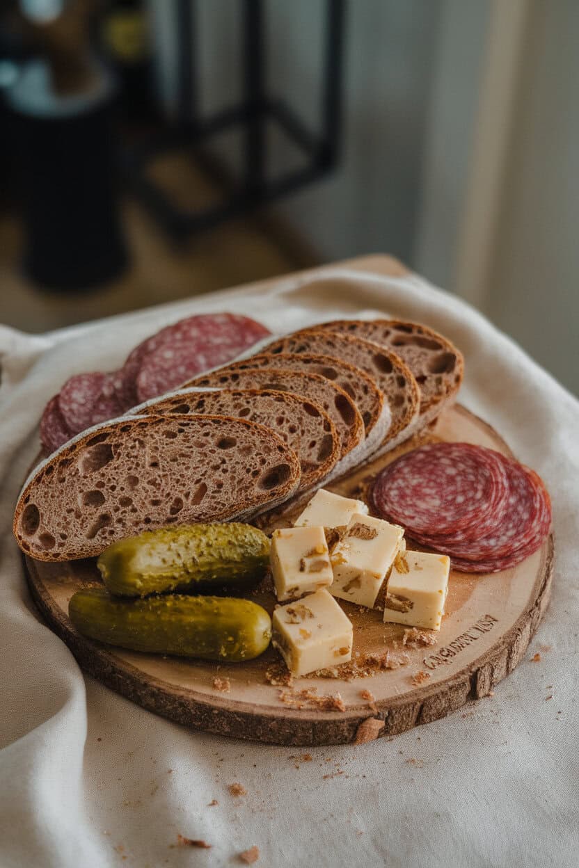 Indoor photo featuring thin rye baguette slices, nutty Emmentaler cubes, caraway-spiced salami, and mustard pickles on a wooden board. No text or logos.