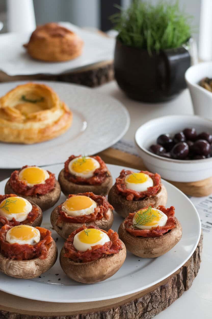 Photo of an indoor brunch table with stuffed mushrooms holding chorizo and a quail egg yolk set on top, golden and glossy. No text or logos.