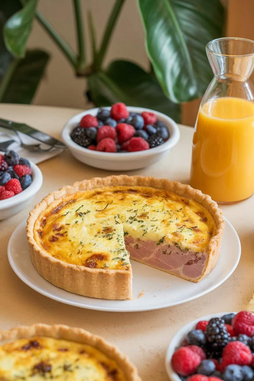 Indoor brunch spread showing a wedge of ham and Gruyère quiche pulled slightly from a golden pie crust, flecks of herbs visible. No text or logos. Photo, not illustration.
