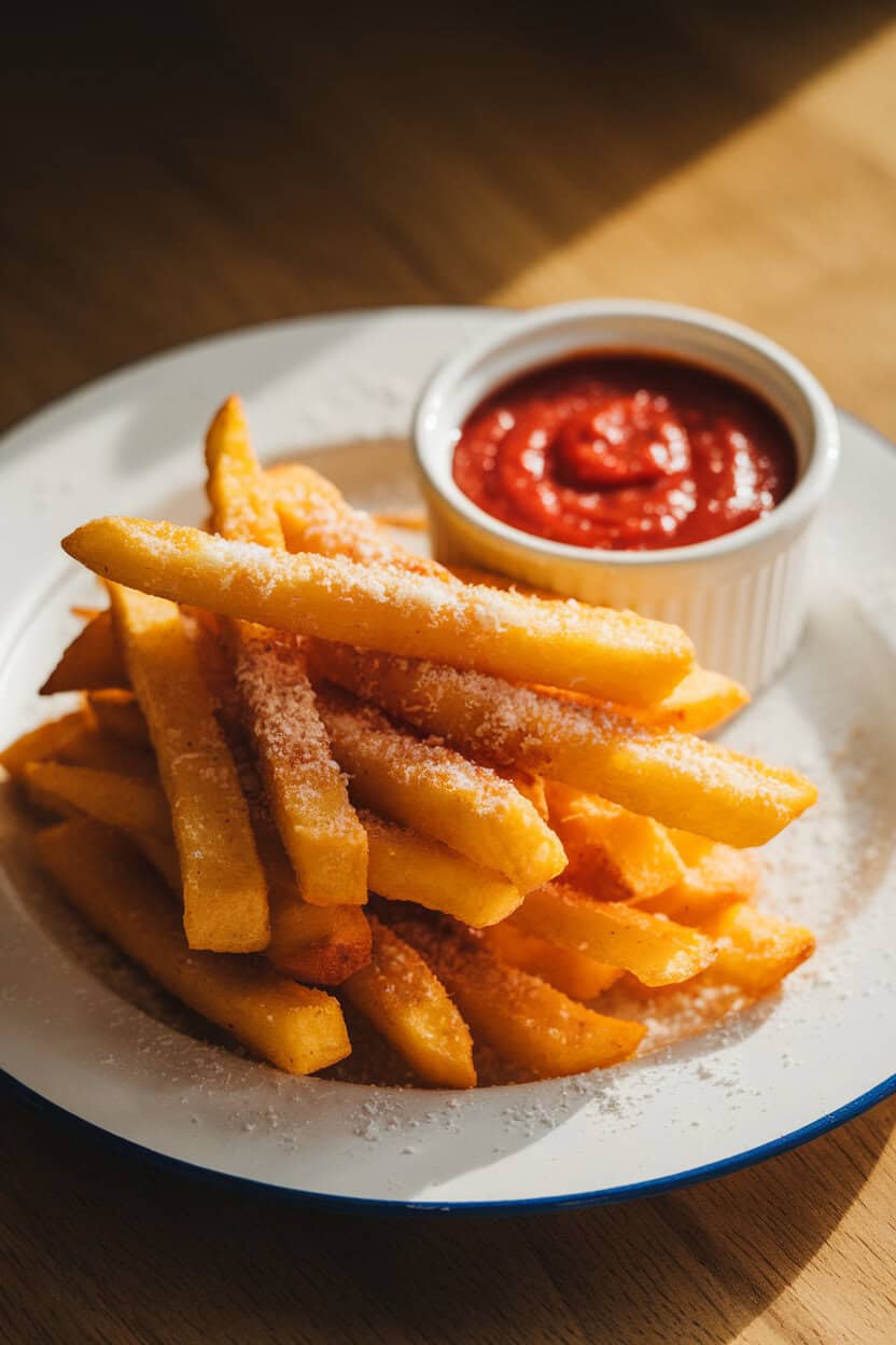 Indoor appetizer plate stacked with golden polenta fries dusted with grated Parmesan, ramekin of marinara nearby—side lighting, no text or logos.
