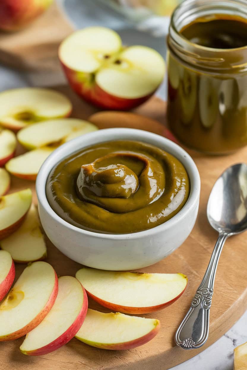 Photo, not illustration. Indoor serving bowl of glossy caramel-toffee dip tinted deep green, surrounded by fresh apple slices on a wooden board. No text or logos.