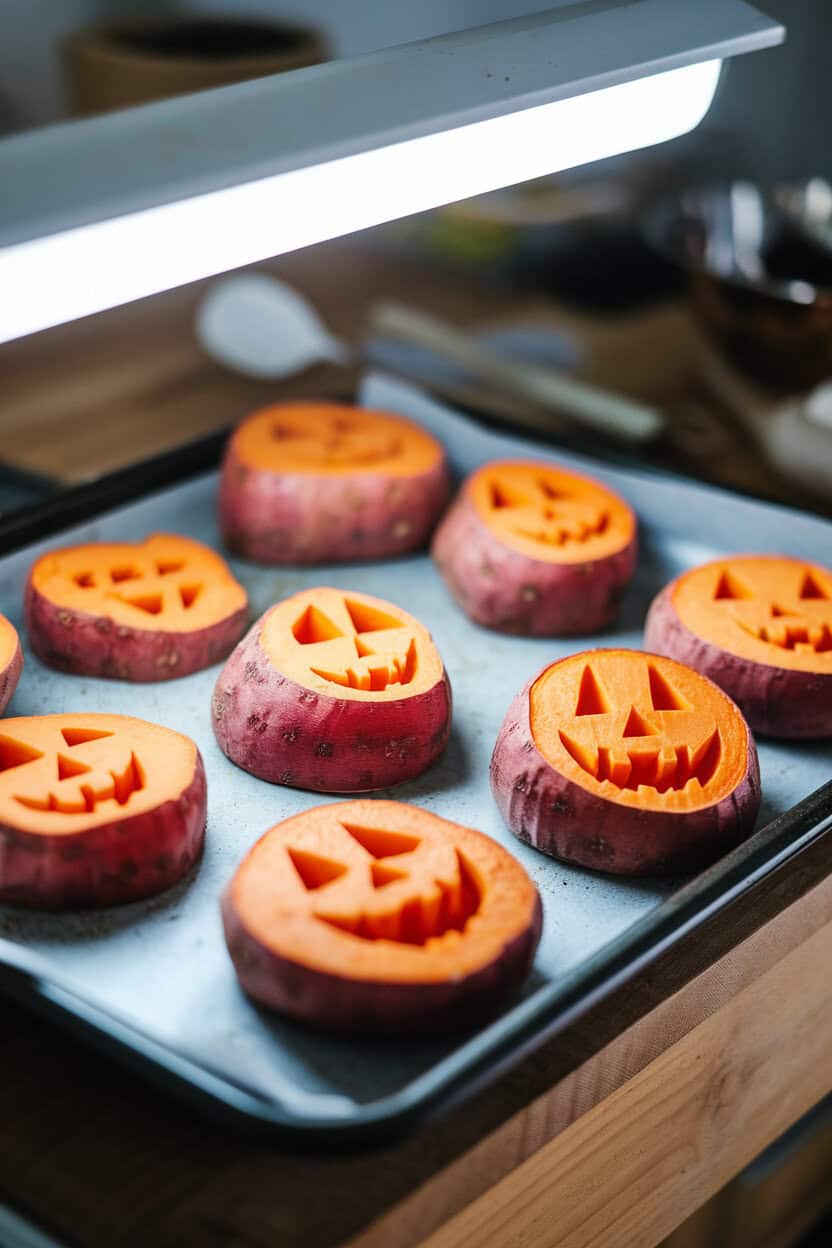 Photo, not illustration — indoor baking tray of sweet potato rounds carved with mini jack-o’-lantern faces, edges caramelized; bright oven-side light, no text or logos