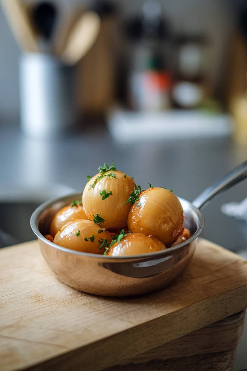 A small indoor saucepan containing glossy pearl onions coated in sweet and sour glaze, garnished with minced parsley. No text or logos. Photo.</Prompt