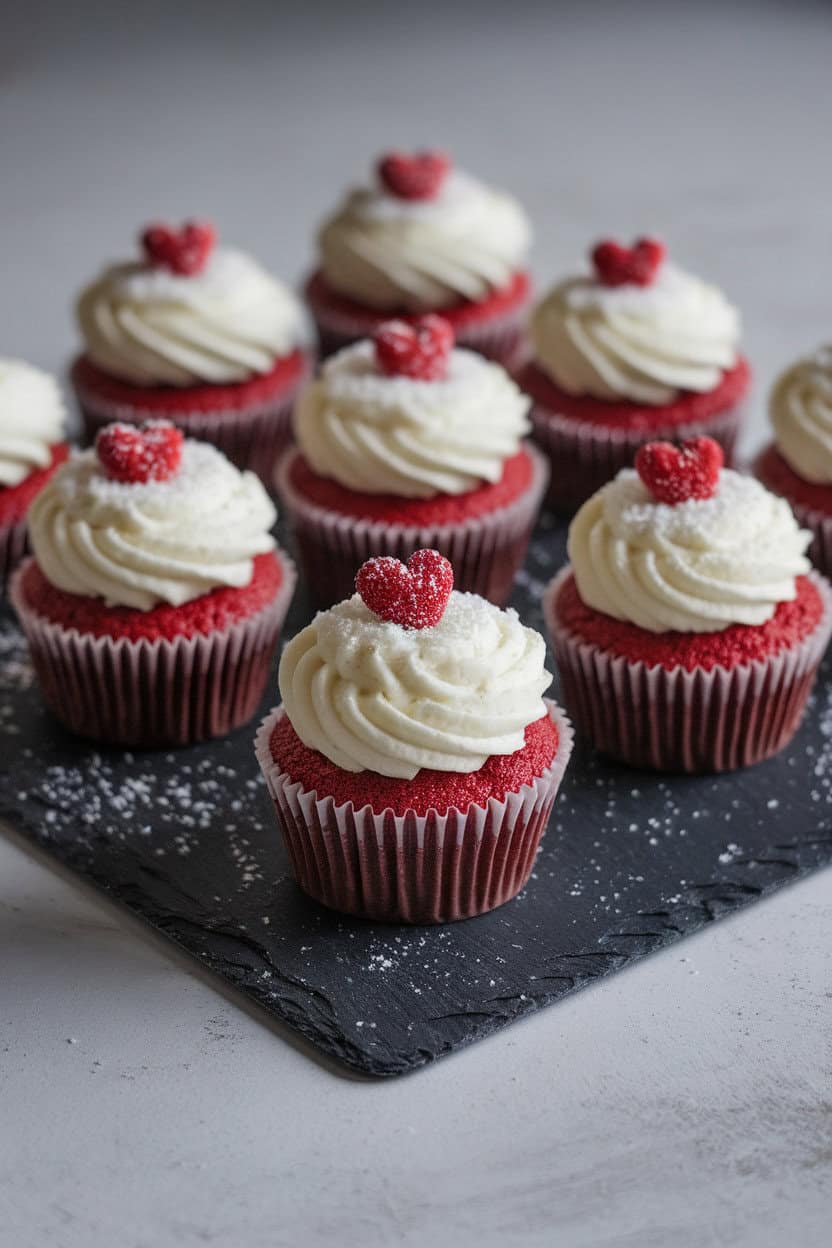 Photo indoors of classic red velvet cupcakes with snowy cream cheese frosting and a small red heart sprinkle on each, arranged on a slate board. No text or logos.