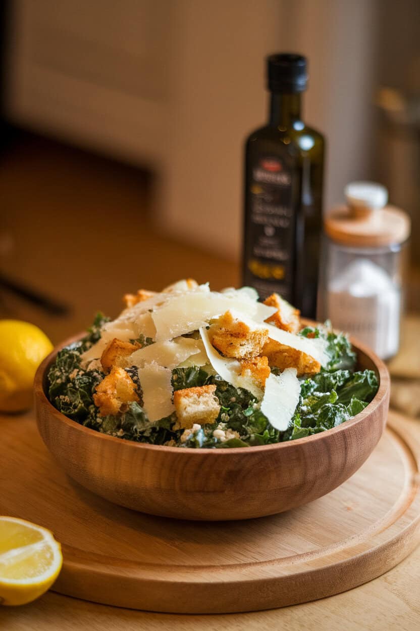 A wooden salad bowl indoors containing kale Caesar topped with shaved Parmesan and homemade croutons. Warm ambient lighting, no text or brands.