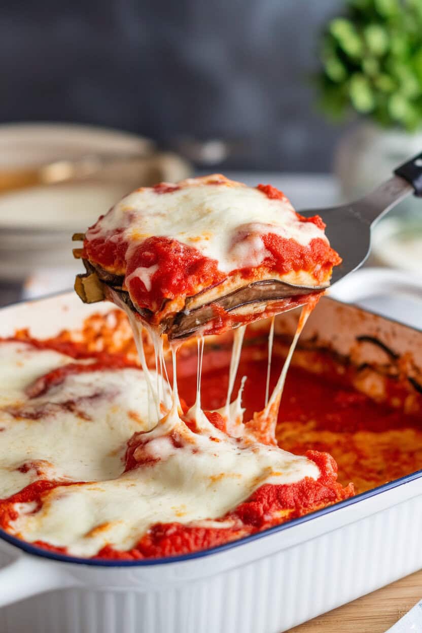 An indoor casserole dish of eggplant Parmesan, melted mozzarella stretching from a serving spatula lifting a slice, tomato sauce bubbling beneath. No text or logos present. Photo, not illustration.