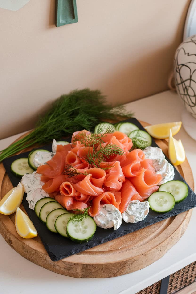 Indoor table view of a slate platter with smoked salmon ribbons, herbed cream cheese, cucumber rounds, and dill sprigs. No text or logos.