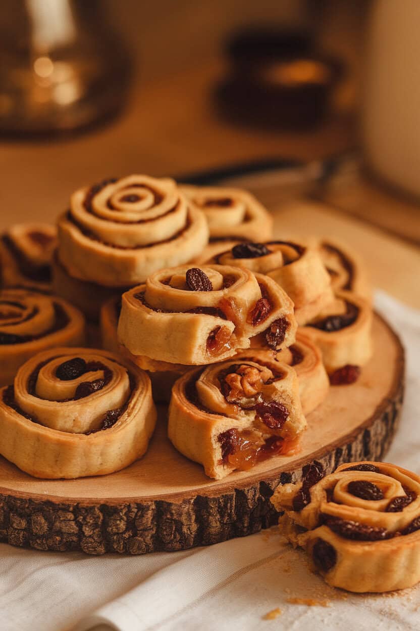 Warm indoor shot of spiral rugelach cookies with rum-soaked raisins and walnut filling, arranged on a wooden board. No text or logos.