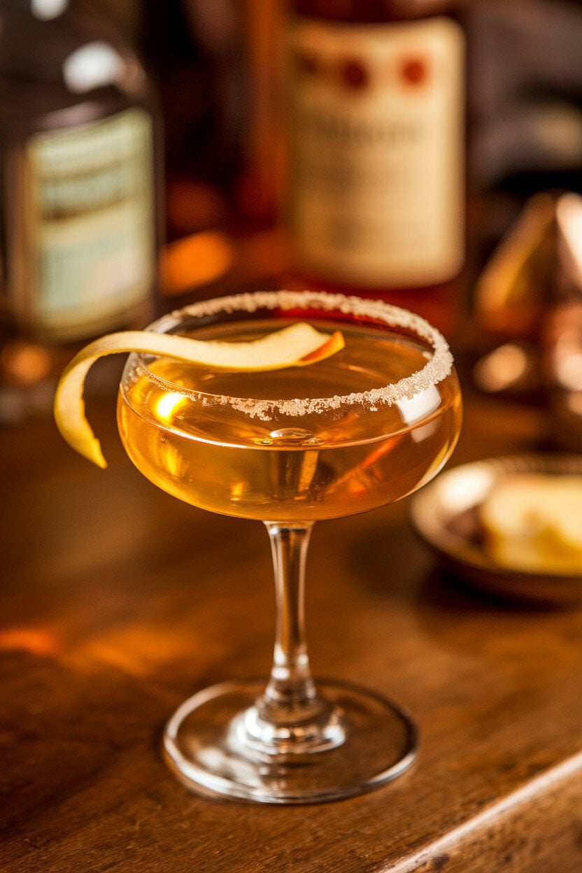 An indoor vintage bar setting with a coupe glass of golden Applejack Sidecar, sugared rim catching the light, apple peel twist garnish; no text or logos; photo