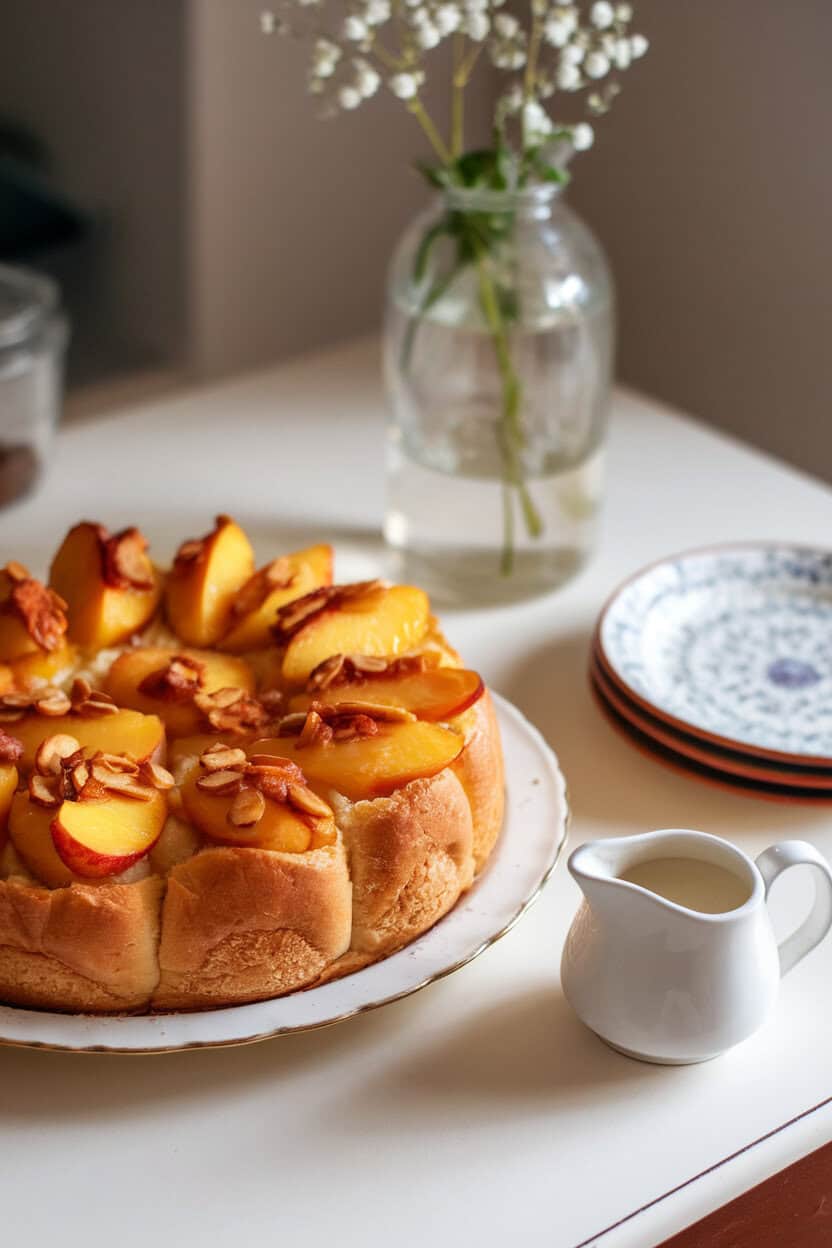 Indoor breakfast table with a casserole of brioche and peach slices topped with toasted almond slivers and caramelized sugar, small pitcher of cream nearby. No logos or text. Photo only.