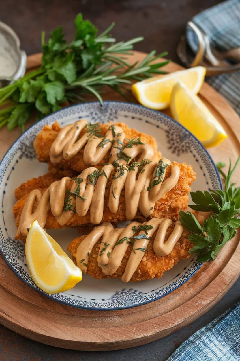 Indoor serving platter with crispy baked chicken tenders drizzled with honey mustard sauce, no text or logos, photo style