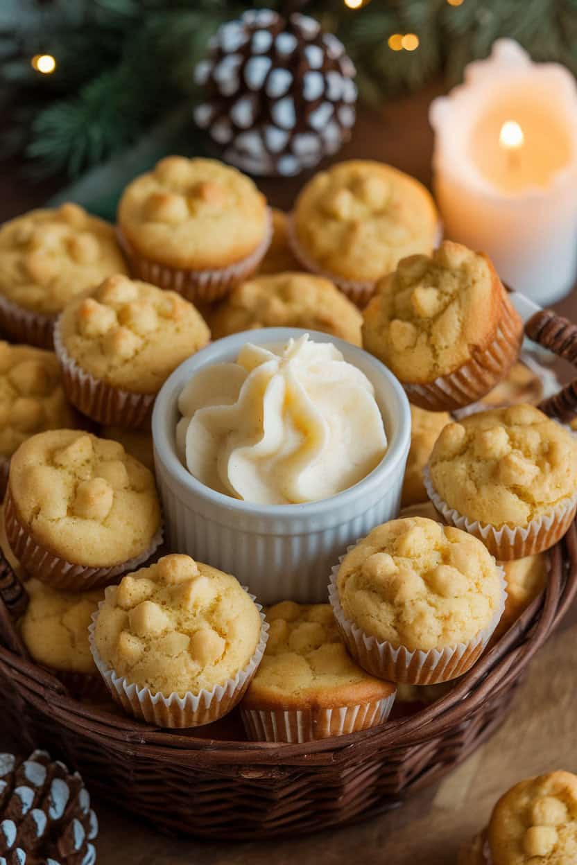 An indoor holiday basket photo of mini cornbread muffins, a ramekin of whipped honey butter in the center, soft candlelight nearby. No logos or text.