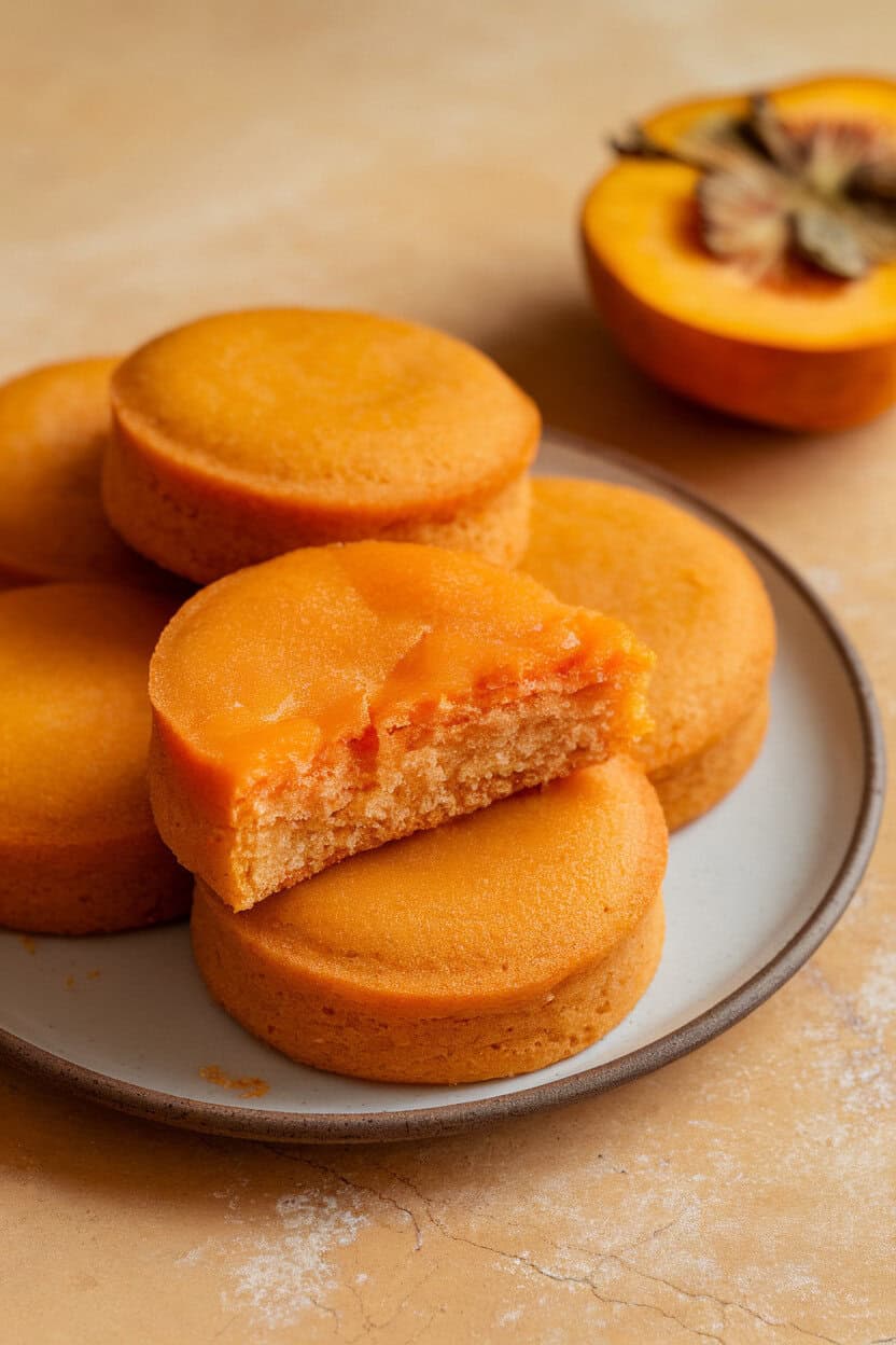 Indoor plate featuring soft cake-like cookies with orange hue, garnished with a slice of ripe persimmon nearby—no brands or text.