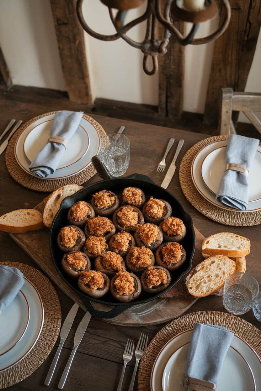Indoor dinner table with a cast-iron skillet of browned mushroom caps filled with sausage-sage stuffing and toasted breadcrumbs—overhead view, no text or logos.