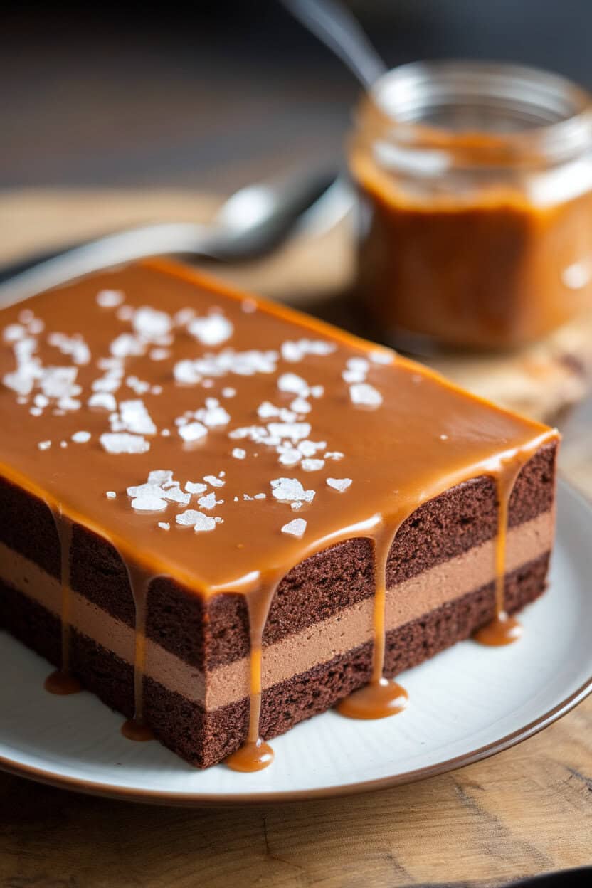 Indoor photo of a rectangular chocolate cake topped with thick salted caramel layer, sea salt flakes visible, no text or logos