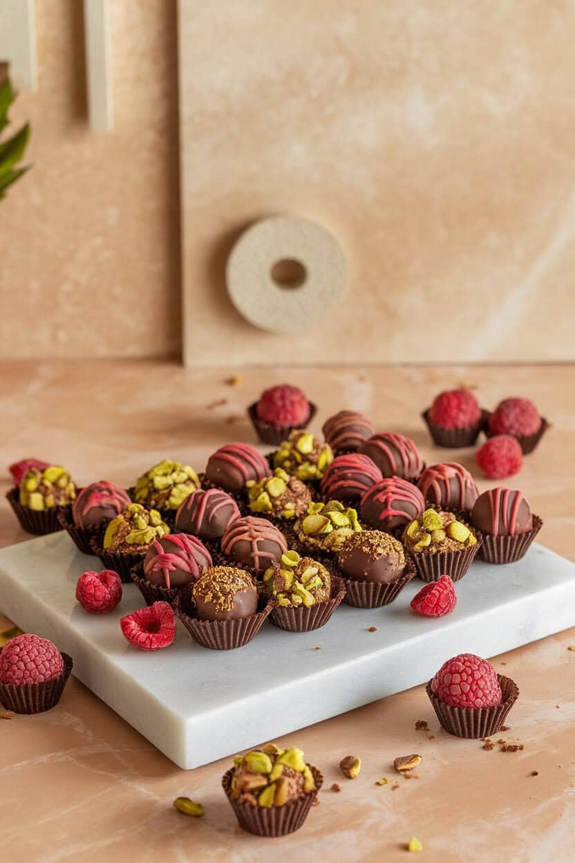 An indoor marble slab displaying assorted chocolate truffles rolled in cocoa, chopped pistachios, and freeze-dried raspberries. No text or logos. Photo, not illustration.