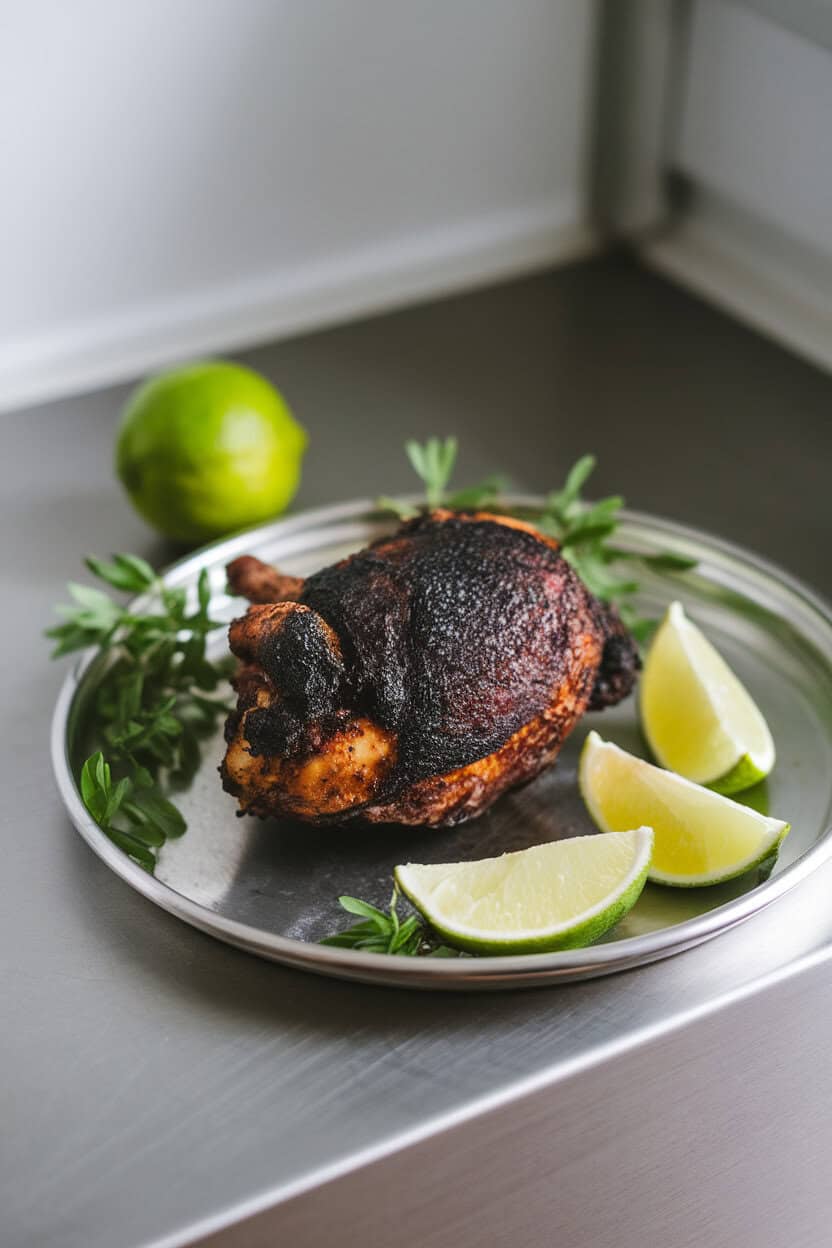A kitchen counter displaying dark, charred jerk chicken thighs on a platter with lime wedges; no text or logos; photo