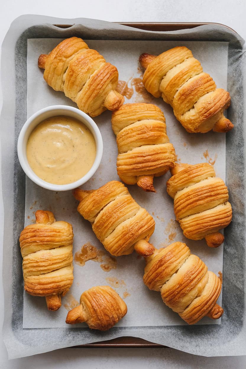 An indoor tray lined with parchment, holding golden puff-pastry pigs in a blanket alongside a small bowl of mustard dipping sauce; photo, no text or logos.
