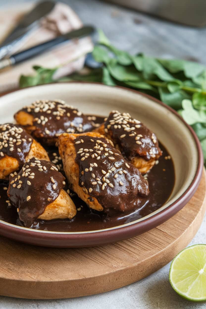 A ceramic plate indoors with chicken pieces coated in dark mole poblano sauce, sesame seeds sprinkled over; no text or logos; photo