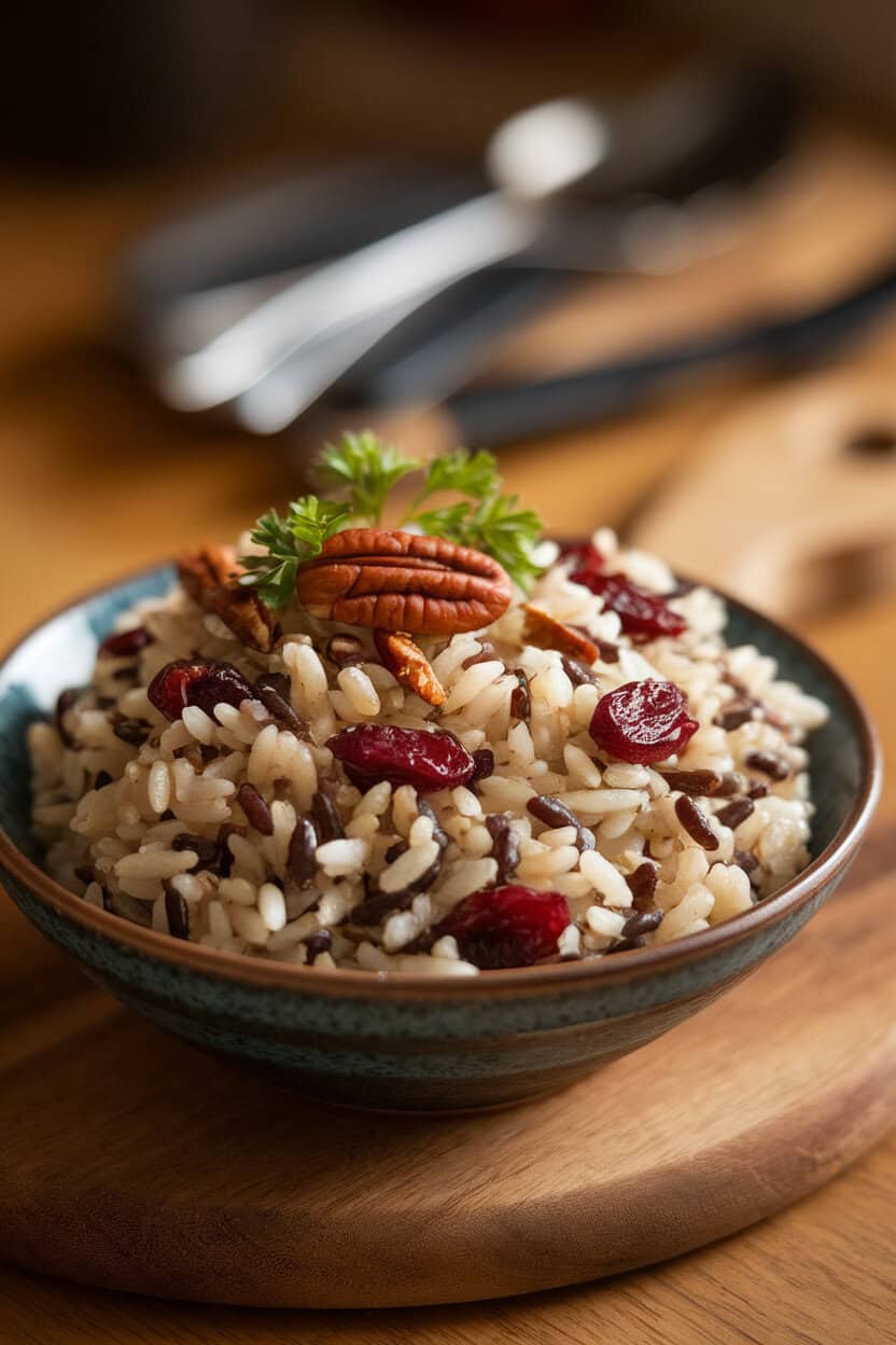 An indoor serving bowl of wild rice pilaf featuring dark rice grains, ruby dried cherries, and toasted pecan bits, garnished with parsley. No logos, no text. Photo.</Prompt